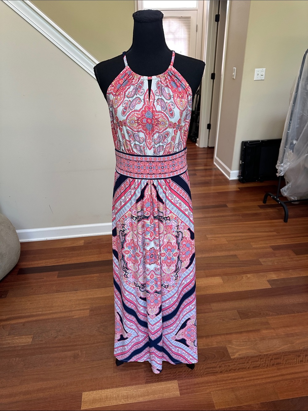 Boho Paisley Halter Maxi Dress in Pink and Navy